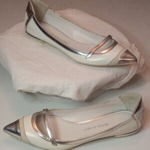 Victor Alfaro Sample White and Silver Leather Suede Flats 6.5 Runway Worn Only
